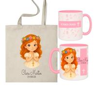 ELISA BOTELLA Pack Primera Comunión Personalizado, Taza de Cerámica 350ml y Bolsa de Poliéster, Diseño de Niña con Corona de Flores (Pack PELIRROJA)