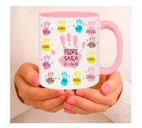 ELISA BOTELLA Taza de Cerámica Personalizada con Huellas de Manos, 350ml, Regalo para Profesores con Nombres de Alumnos y Curso, manitas de colores (TAZA ROSA manitas)