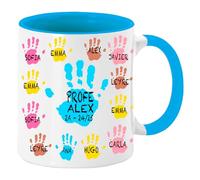 ELISA BOTELLA Taza de Cerámica Personalizada con Huellas de Manos, 350ml, Regalo para Profesores con Nombres de Alumnos y Curso, manitas de colores (TAZA AZUL manitas)