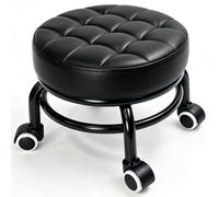 Elitzia Taburete bajo de pedicura con ruedas, taburete rodante negro | Asiento de piel sintética, cojín de espuma gruesa, ruedas silenciosas, baja altura para baño de pies, fácil de limpiar