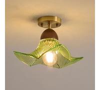 Elksdut Lámpara De Techo De Montaje Semi Empotrado Con Casquillo E27, Lámpara De Techo De Vidrio Acanalado Con Flores, Iluminación Interior De Montaje De Madera De Latón for Pasillo, Porche(Green)