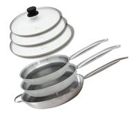 Elo 9350550 - Juego de 3 sartenes (24, 28 y 32 cm, acero inoxidable, 18-10, sin PFAS, antiadherente, inducción, revestimiento antiadherente sin PFAS, acero inoxidable, aluminio, gris aluminio, 24, 28