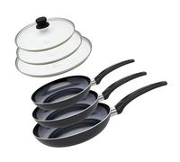 ELO 9807850 - Juego de 3 estufas de aluminio y 3 tapas de cocción de cristal, estufa para todo fuego, excepto inducción, cocción, sin PFAS, aluminio, acero inoxidable, vidrio, plástico, 28 x 5 cm