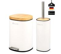 eluno Juego de accesorios de baño Framura, 2 piezas, compuesto por 1 cubo cosmético con tapa de cierre suave y 5 litros de capacidad y 1 juego de inodoro, de metal con tapa de bambú (blanco)