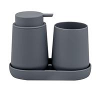eluno Tesero - Juego de accesorios de baño con superficie suave al tacto, juego de 3 piezas, compuesto por 1 dispensador de jabón, 1 vaso y 1 cuenco, ideal para baño y cocina de plástico (gris)