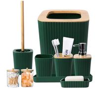 Elzusha - Set de accesorios para baño, 9 piezas - Verde oscuro - Incluye cubo de basura y dispensador de jabón