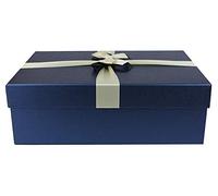 Emartbuy Lujo Rígido Caja de Regalo de Presentación en Forma de Rectángulo, 27 cm x 19 cm x 7 cm, Caja Azul Con Tapa, Interior Impreso y Cinta Decorativa de Raso Azul Crema