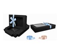 Emartbuy Paquete de 12 cajas de regalo con forma de rectángulo, 29,5 x 22 x 4,5 cm, caja de papel kraft negra con tapa transparente y cinta de satén azul claro