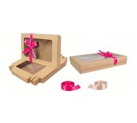 Emartbuy Paquete de 12 cajas de regalo con forma de rectángulo, 29,5 x 22 x 4,5 cm, caja de papel kraft marrón con tapa transparente y cinta de satén rosa caliente