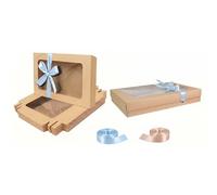 Emartbuy Paquete de 12 cajas de regalo con forma de rectángulo, 29,5 x 22 x 4,5 cm, caja Kraft marrón con tapa transparente y cinta de satén azul claro