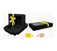 Emartbuy Paquete de 12 cajas de regalo con forma de rectángulo, 29,5 x 22 x 4,5 cm, caja Kraft negra con tapa transparente y cinta de satén amarilla