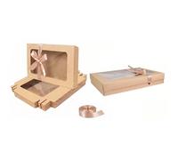 Emartbuy Paquete De 12 Cajas De Regalo De Presentación En Forma De Rectángulo, 29,5 cm X 22 cm X 4,5 cm, Caja Kraft Marrón Con Tapa Transparente Y Cinta De Satén