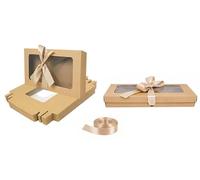Emartbuy Paquete de 36 Caja de Regalo de Presentación en Forma de Rectángulo, 21 cm x 12.5 cm x 2.5 cm, Caja Kraft Marrón Con Tapa Transparente y Cinta de Raso