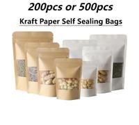 Embalaje a granel, bolsas de Mylar verticales con ventana Visible de papel Kraft, bolsas de embalaje de granos de café y dulces de regalo, bolsas autosellantes de hueso con cremallera White