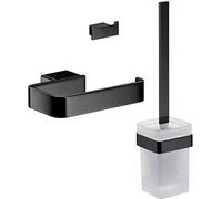 emco Loft - Juego de accesorios de baño, portarrollos de papel higiénico, mecanismo de escobilla y ganchos dobles, elegante juego de baño montado en la pared hecho de aluminio, negro mate