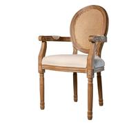 EME Sillón Medallón Luis XVI de Estilo Clásico de Madera de Abedul Envejecido con Respaldo de Ratán y Asiento Acolchado de Lino Sillón de Estilo Francés