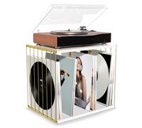 Emfogoo Caja Vinilos, Madera Soporte Vinilos, Estilo Vintage Multifuncional Mueble para Vinilo con 3 Compartimentos, Tocadiscos de Vinilo Stand Hasta 100 Álbumes, para Sala de Estar oficina (Blanco)