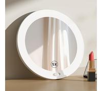 EMKE Espejo cosmético con iluminación con Espejo de Aumento de 5 aumentos, Espejo de Maquillaje LED Blanco con Ventosa, 165 mm de diámetro portátil de Pared Funciona con Pilas