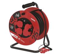 EMOS 1000116.30 Enrollacables Profesional alargador, 25m de Cable con 4 enchufes Schuko, 2,5 mm2 Goma, IP44, para Uso Exterior, Macho a hembra, negro/azul