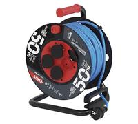 EMOS Carrete de cable para exteriores para todo el año, 50 m, cable de extensión azul de 1,5 mm², 4 enchufes Schuko con tapa abatible, IP44 impermeable y resistente a las heladas para exteriores