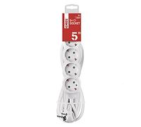 Emos P0525R Cable alargador-Regleta con 5 enchufes, 5 m, 3x1,5 mm2, Blanco, Bloqueo de Seguridad para niños