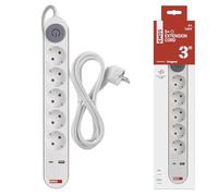 EMOS Regleta de 5 enchufes con Carga rápida USB, Enchufe múltiple con Interruptor para Interiores, Apto para Pared, 5 enchufes, 1 USB C, 1 Cable USB A, Cable de 3 m, Color Blanco y Gris