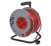 EMOS - Tambor de Cable de 50m - 4 enchufes Schuko - 230 V, 16 A, 3680 W - Aislamiento PVC H05VV-F3G 1,5 mm2 - Protección contra sobrecalentamiento - IP20 para Interiores