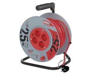 EMOS - Tambor para cable de 25 m - 4 enchufes Schuko - 230 V, 16 A, 3680 W - Aislamiento de PVC - H05VV-F3G 1,5 mm2 - Protección contra sobrecalentamiento - IP20 para interiores