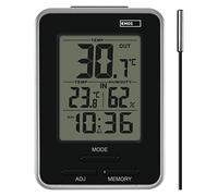 EMOS Termómetro digital con sensor exterior, termómetro e higrómetro interior y exterior, indicador mínimo y máximo, reloj despertador con función de repetición, funciona con pilas, color plateado