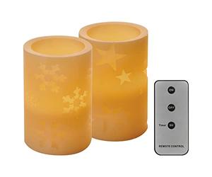 EMOS Velas de cera LED vintage con motivos invernales, 2 unidades, temporizador de 6 horas, luz blanca cálida, funciona con pilas (2 pilas AA cada una), con mando a distancia (1 CR2032), vida útil de