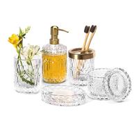 EMPO Set 6 Accessori Bagno in Vetro Trasparente (Dispenser Sapone, Portasapone, Portaspazzolino, Bicchiere, Portacotton fioc), Stile Contemporaneo, Regalo Vintage (6pz Transparentes)
