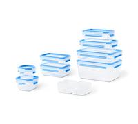 Emsa Clip & Close - Juego de 9 herméticos de plástico con cierre seguro, no derrama líquidos ni retiene olores, certificado Baby Care, apto para microondas y lavavajillas, color transparente y azul
