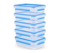 Emsa Clip & Close Set Batch Cooking - Set de 5 Recipientes Herméticos de Plástico Rectangular de 0.8 L, higiénico, no retiene olores ni sabores, certificado "Baby Care", Transparente/Azul