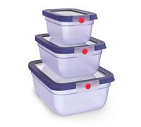EMSA oneClick, recipiente para almacenar alimentos, un clic, abrir y cerrar sin esfuerzo, 2 veces más frescos, 100% hermético, apilables, set de 3 piezas violeta, 1x 0,75L, 1x 1,50L, 1x 3,0L, N1231400