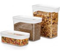 Emsa Optima Dry Food - Set 3 Recipientes Herméticos de Plástico Rectangular, higiénico, fácil apilamiento, tapa cierre a presión y bordes antideslizantes, certificado "Baby Care", apto lavavajillas
