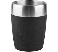 Emsa Travel Mug - Taza térmica de 0,2 l, Mantiene la Temperatura, Acero Inoxidable con Base Antideslizante y Zona de Agarre de Silicona con Letras grabadas, Color Negro
