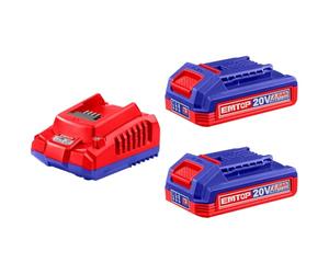 EMTOP - Set Cargador Rapido y 2 Baterias Litio 20V 2,0 Ah Sistema P20S | Para Recarga de Baterías Compatibles | Compatible con Toda la Gama del Sistema