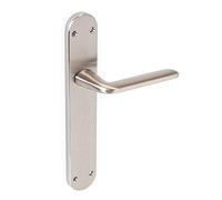 Emuca - Manetas para puertas de interior, juego de manillas para puerta de paso con placa 43x250 mm, Aluminio y zamak, Níquel satinado.