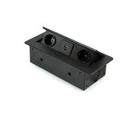Emuca - Regletas Enchufe, Regleta de enchufes para Escritorio, 2 enchufes EU + 1 USB Tipo A + 1 USB Tipo C, 265x120mm, Acero y Aluminio, Pintado Negro