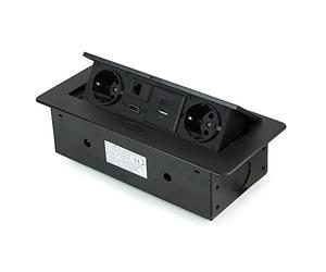 Emuca - Regletas Enchufe, Regleta multienchufe retráctil para empotrar en la Mesa, Base de enchufes multiconector (Enchufe EU Tipo F, USB C, RJ45 y HDMI), 265x120mm, Negro