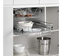 [en.casa] 2 x Cesto Extraíble para Armario de Cocina o Baño 47 x 44 x 14 cm Con Rieles Telescópicos Cajón para Almacenar Set de Bandejas de armario Color plata