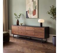 [en.casa] Aparador Boxholm con 4 Puertas 180x30x56 cm - Negro/Efecto Nogal | Mesa TV Mueble de salón oficina multiusos con 4 compartimentos cerrados con pasacables puertas Push-to-Open base metálica