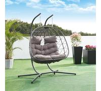 [en.casa] Balancín Jardín Exterior Skense de 2 Plazas con Soporte y Cojines - Silla Colgante con Hamaca Sillón Cesta de Polyrattan Interior/Exterior máx. 220 kg Acero Poliéster 198x156x98 cm Gris