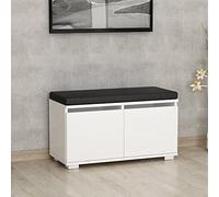 [en.casa] Banco Zapatero 2 en 1 Brande 42x80x35 cm Blanco/Negro | Mueble recibidor con 4 Compartimientos 2 puertas abatibles organizador de calzados con asiento tapizado textil hasta 160 kg