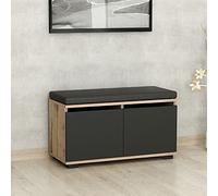 [en.casa] Banco Zapatero 2 en 1 Brande 42x80x35 cm Efecto Roble/Negro | Mueble recibidor con 4 Compartimientos 2 puertas abatibles organizador de calzados con asiento tapizado textil hasta 160 kg