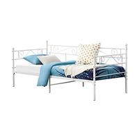 [en.casa] Cama con Estructura de Metal Kerava 90x200cm Cama Simple Cama Individual Armazón de diseño Reposacabezas y Reposapiés Decorativos Sofá Diván Blanco