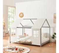 [en.casa] Cama Infantil Tostedt para Niños y Niñas en Forma de Casa con Ventanas y Techo Cama con Somier máx. 200 kg Montessori 140 x 200 cm Madera de Pino - Gris/Blanco