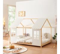 Cama para niños tostedt en forma de casita 140x200 cm - efecto madera/blanco [en.casa]