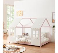 [en.casa] Cama Infantil Tostedt para Niños y Niñas en Forma de Casa con Ventanas y Techo Cama con Somier máx. 200 kg Montessori 140 x 200 cm Madera de Pino - Rosa/Blanco