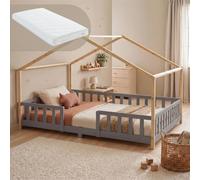 [en.casa] Cama Infantil Treviolo con colchón 120x200cm Gris Claro Natural | Cama Montessori de madera pino forma de casita bordes redondeados con barandillas somier 200 kg